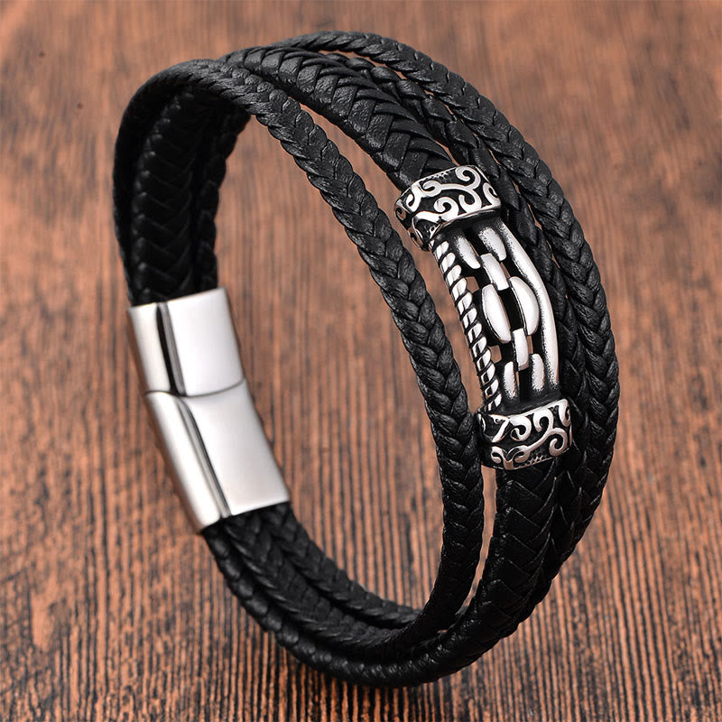 Buddha Stones Chain Link Design Titanium Steel Multi-layer Leather Balance Braided Bracelet - Multi Layer(Wrist Circumference: 17-19cm) - image 0