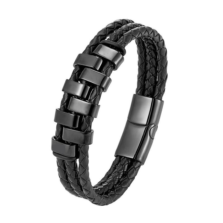 Buddha Stones Geometric Design Titanium Steel Leather Strengthen Bracelet - Black(Wrist Circumference: 19-21cm) - image 1