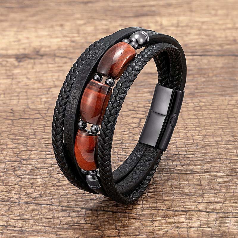 Buddha Stones Natural Tiger Eye Green Tiger Eye Red Tiger Eye Leather Strengthen Bracelet - Red Tiger Eye - 19-21cm - image 7