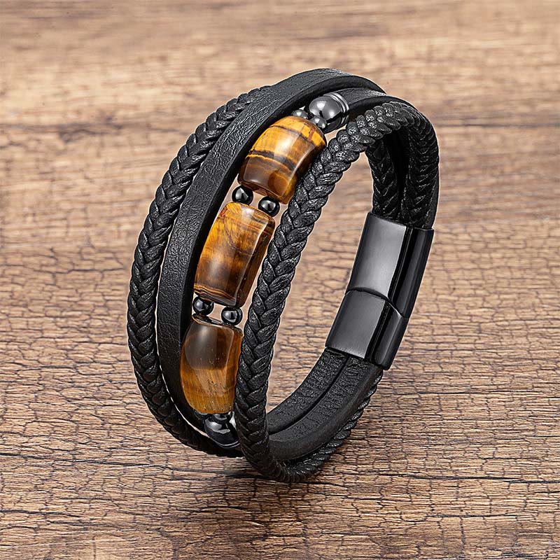 Buddha Stones Natural Tiger Eye Green Tiger Eye Red Tiger Eye Leather Strengthen Bracelet - Tiger Eye - 18-22cm - image 5
