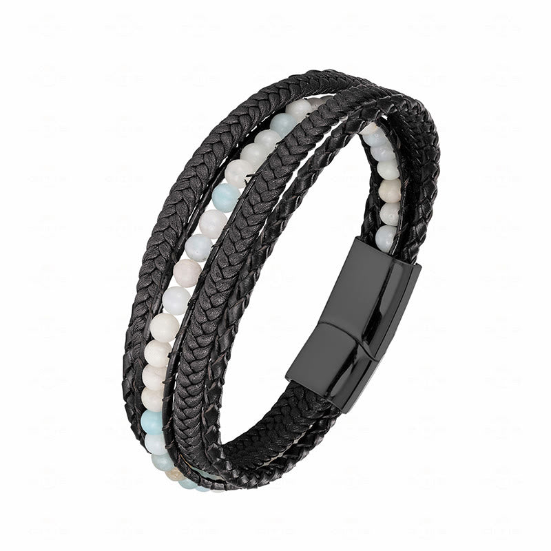 Buddha Stones Hematite Indian Agate Tiger Eye Amazonite Beaded Leather Strengthen Bracelet - Amazonite Black Buckle - 19-21cm - image 25