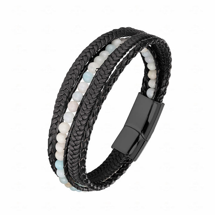 Buddha Stones Hematite Indian Agate Tiger Eye Amazonite Beaded Leather Strengthen Bracelet - Amazonite Black Buckle - 19-21cm - image 25