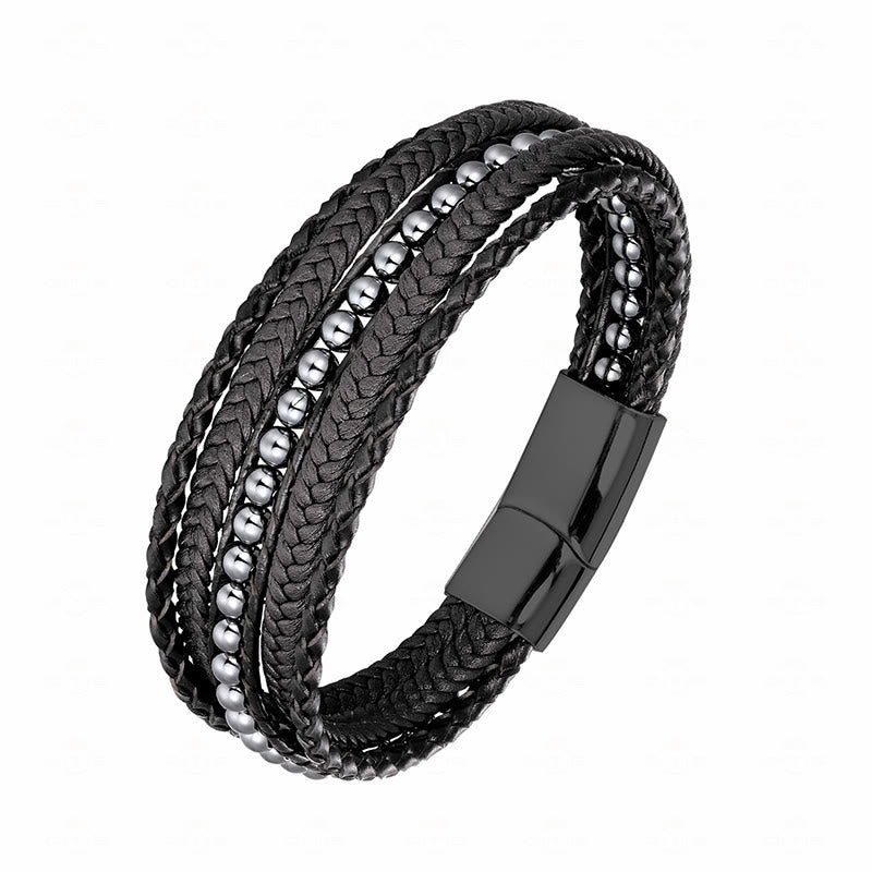 Buddha Stones Hematite Indian Agate Tiger Eye Amazonite Beaded Leather Strengthen Bracelet - Hematite Black Buckle - 19-21cm - image 0