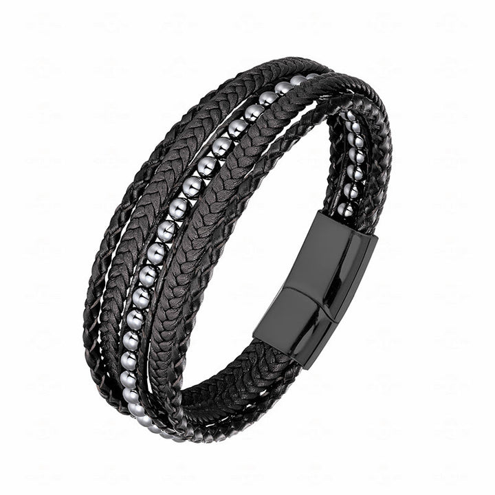 Buddha Stones Hematite Indian Agate Tiger Eye Amazonite Beaded Leather Strengthen Bracelet - Hematite Black Buckle - 19-21cm - image 0