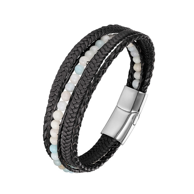 Buddha Stones Hematite Indian Agate Tiger Eye Amazonite Beaded Leather Strengthen Bracelet - Amazonite Silver Buckle - 19-21cm - image 8