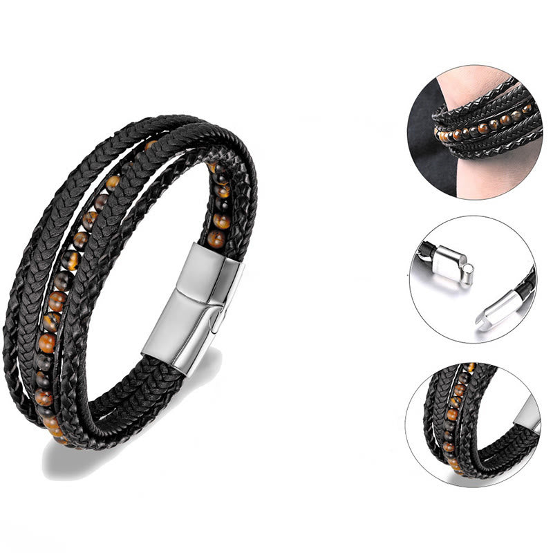 Buddha Stones Hematite Indian Agate Tiger Eye Amazonite Beaded Leather Strengthen Bracelet - image 6