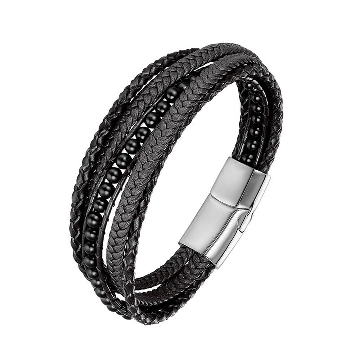 Buddha Stones Hematite Indian Agate Tiger Eye Amazonite Beaded Leather Strengthen Bracelet - Black Onyx Silver Buckle - 19-21cm - image 17