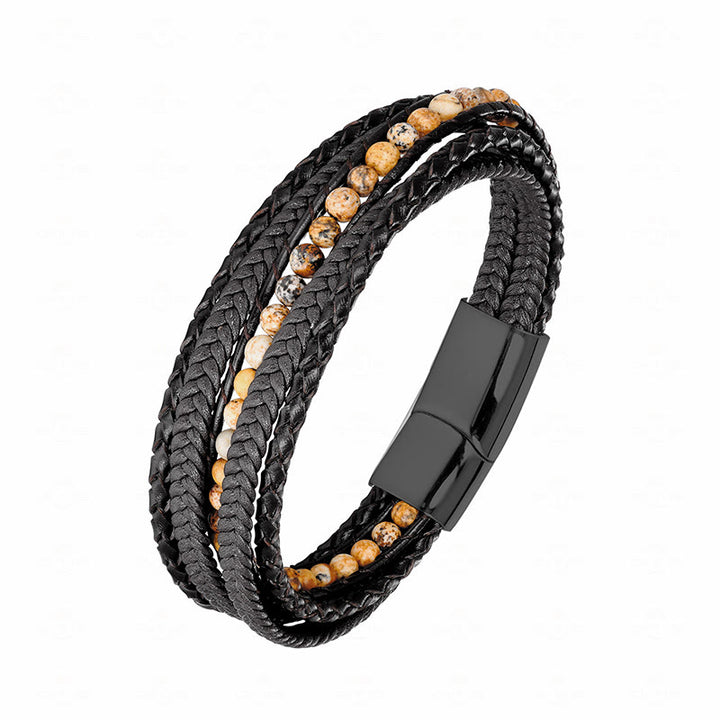 Buddha Stones Hematite Indian Agate Tiger Eye Amazonite Beaded Leather Strengthen Bracelet - Picture Jasper Black Buckle - 19-21cm - image 19