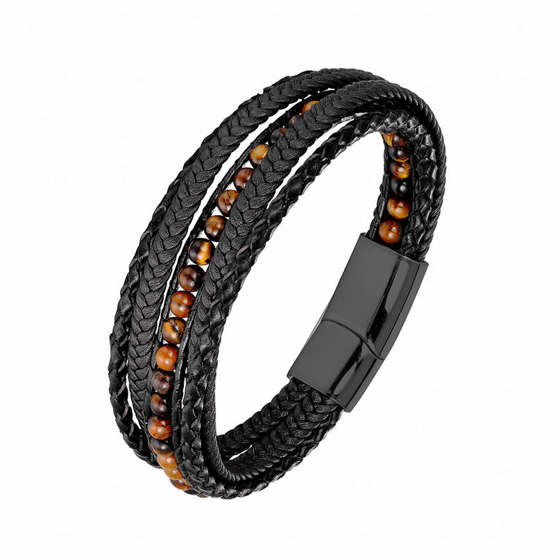 Buddha Stones Hematite Indian Agate Tiger Eye Amazonite Beaded Leather Strengthen Bracelet - Tiger Eye Black Buckle - 19-21cm - image 20