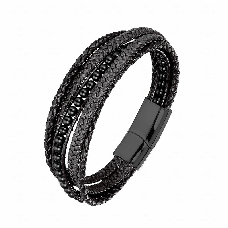 Buddha Stones Hematite Indian Agate Tiger Eye Amazonite Beaded Leather Strengthen Bracelet - Black Onyx Black Buckle - 19-21cm - image 24