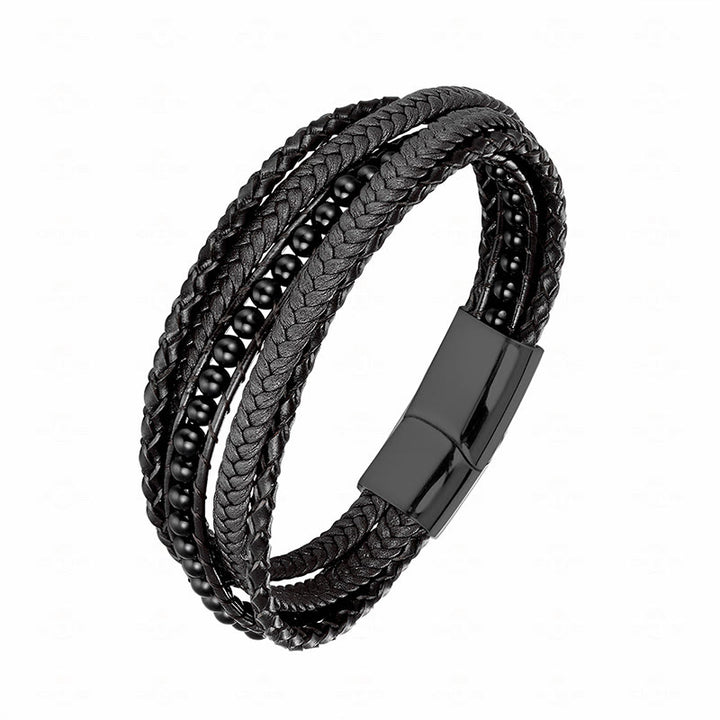 Buddha Stones Hematite Indian Agate Tiger Eye Amazonite Beaded Leather Strengthen Bracelet - Black Onyx Black Buckle - 19-21cm - image 24