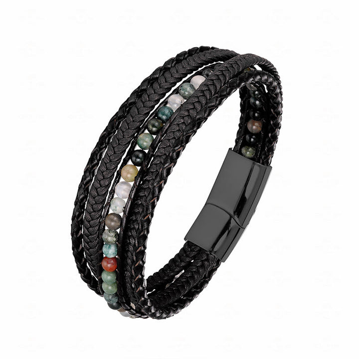 Buddha Stones Hematite Indian Agate Tiger Eye Amazonite Beaded Leather Strengthen Bracelet - Indian Agate Black Buckle - 19-21cm - image 22