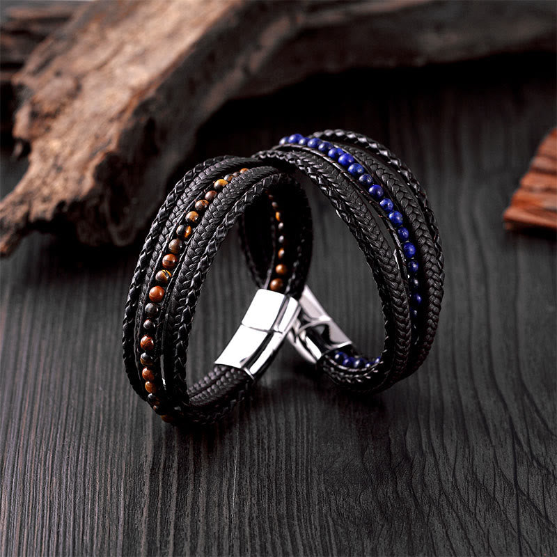 Buddha Stones Hematite Indian Agate Tiger Eye Amazonite Beaded Leather Strengthen Bracelet - image 29