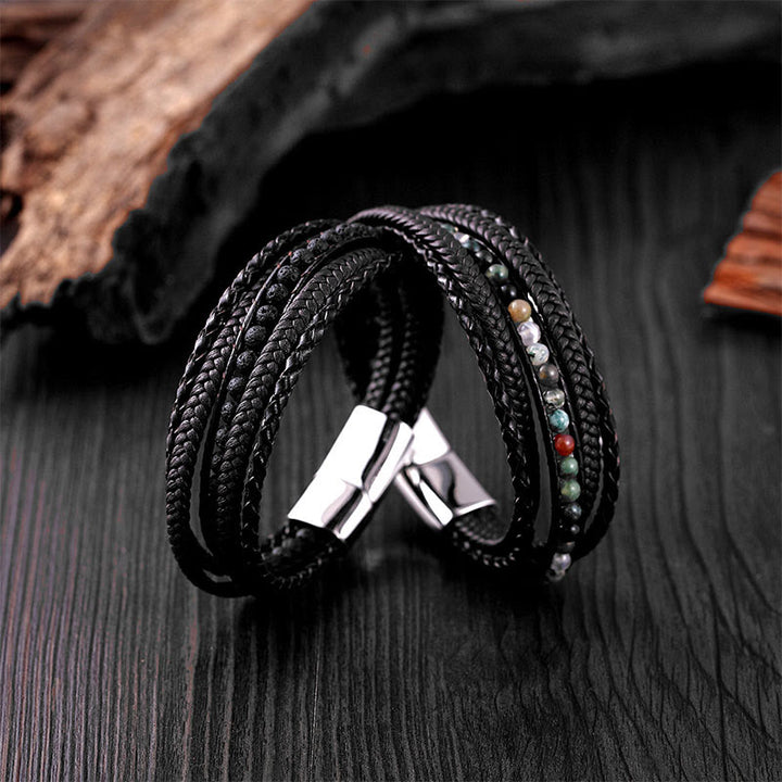 Buddha Stones Hematite Indian Agate Tiger Eye Amazonite Beaded Leather Strengthen Bracelet - image 28