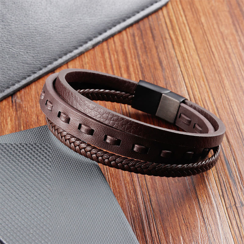 Buddha Stones Titanium Steel Buckle Multilayered Braided Leather Calm Bracelet - image 17