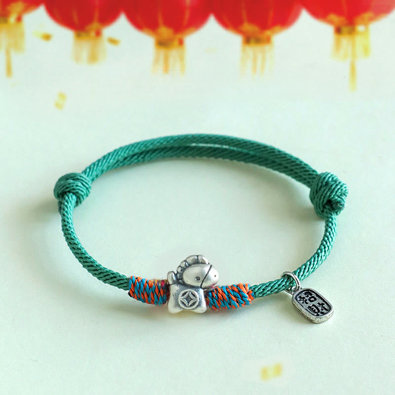 Buddha Stones 999 Sterling Silver Year Of The Horse Fu Character Attract Fortune String Rope Luck Bracelet - Green Rope(Wrist Circumference: 14-19cm) - image 18