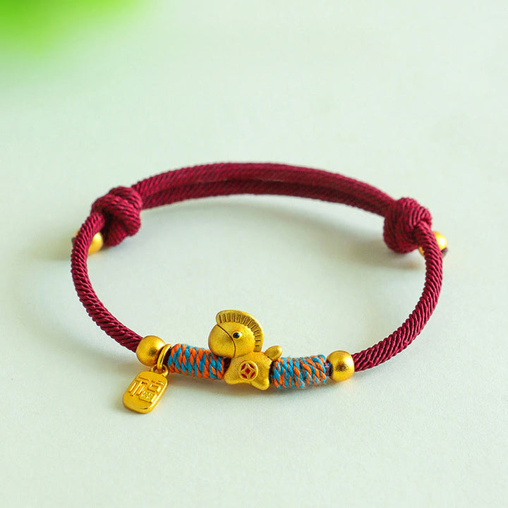 Buddha Stones 999 Sterling Silver Year Of The Horse Fu Character Charm Colorful String Rope Luck Bracelet - Gold Horse Red Rope(Wrist Circumference: 14-19cm) - image 1