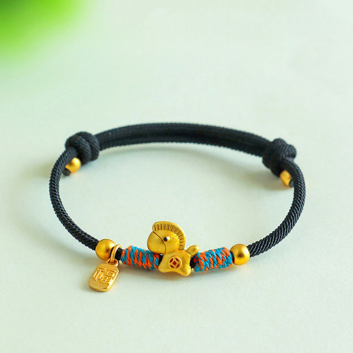 Buddha Stones 999 Sterling Silver Year Of The Horse Fu Character Charm Colorful String Rope Luck Bracelet - Gold Horse Black Rope(Wrist Circumference: 14-19cm) - image 12