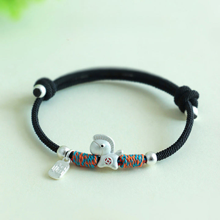 Buddha Stones 999 Sterling Silver Year Of The Horse Fu Character Charm Colorful String Rope Luck Bracelet - Silver Horse Black Rope(Wrist Circumference: 14-19cm) - image 19