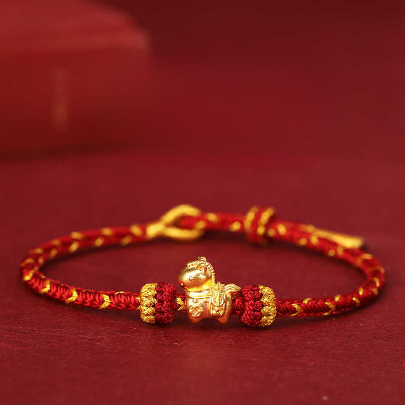 Buddha Stones 999 Gold Year Of The Horse Braided String Rope Luck Adjustable Bracelet - Darkred Rope - 999 Gold 0.35g - 16-18cm - image 0