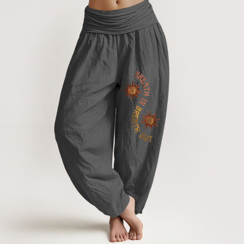 Buddha Stones Pure Cotton Warm Tones Sun English Phrases Pattern Women's Elastic Waist Harem Pants - DimGray - US16，UK/AU20，EU48 (3XL) - image 8