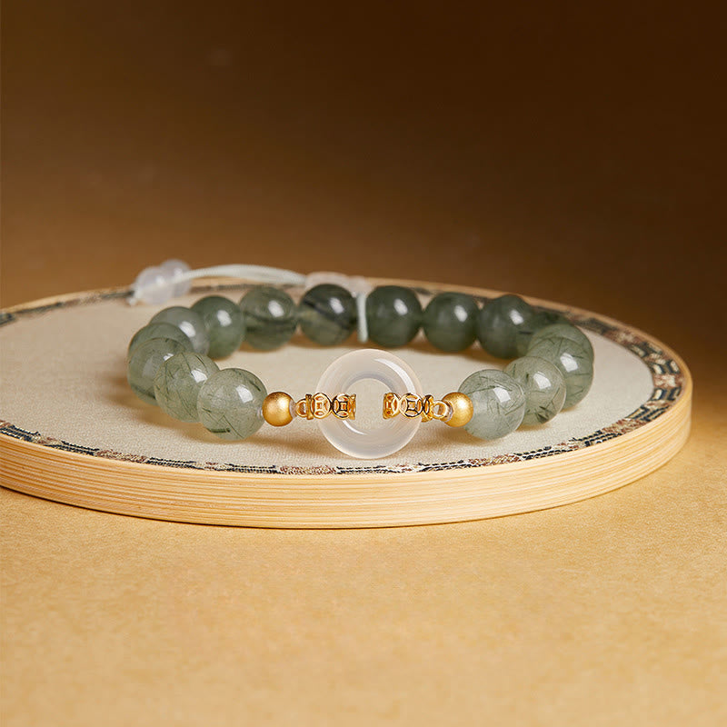 Buddha Stones 925 Sterling Silver Green Rutilated Quartz White Chalcedony Peace Buckle Courage Bracelet - Green Rutilated Quartz(Wrist Circumference: 15-17cm) - image 0