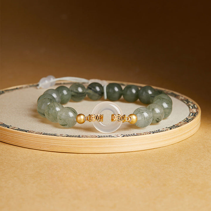Buddha Stones 925 Sterling Silver Green Rutilated Quartz White Chalcedony Peace Buckle Courage Bracelet - Green Rutilated Quartz(Wrist Circumference: 15-17cm) - image 0