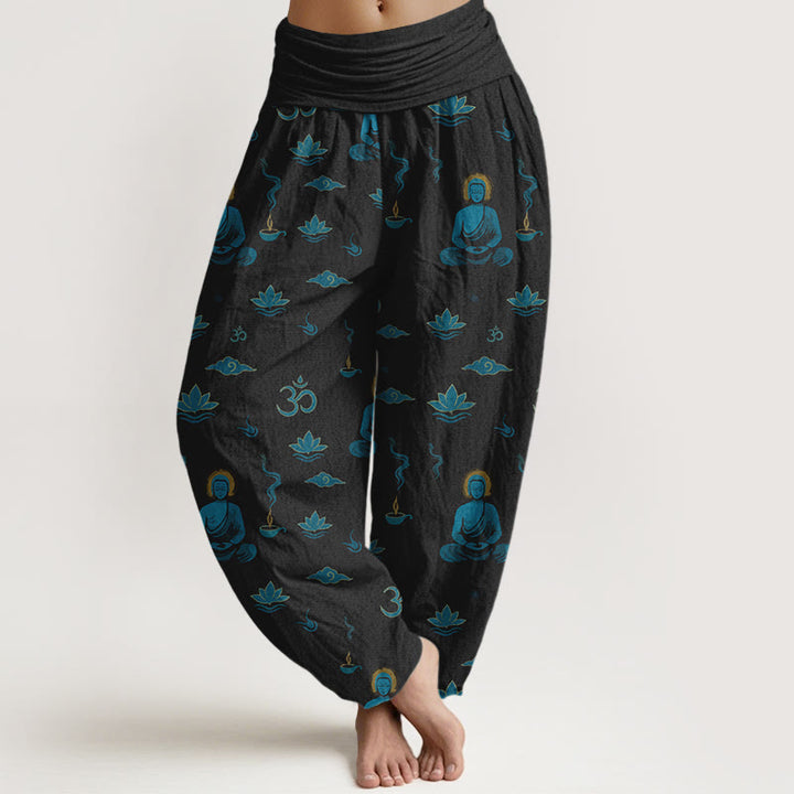 Buddha Stones Cotton Om Symbol Lotus Cloud Buddha Pattern Women's Elastic Waist Harem Pants - Black - US16，UK/AU20，EU48 (3XL) - image 0