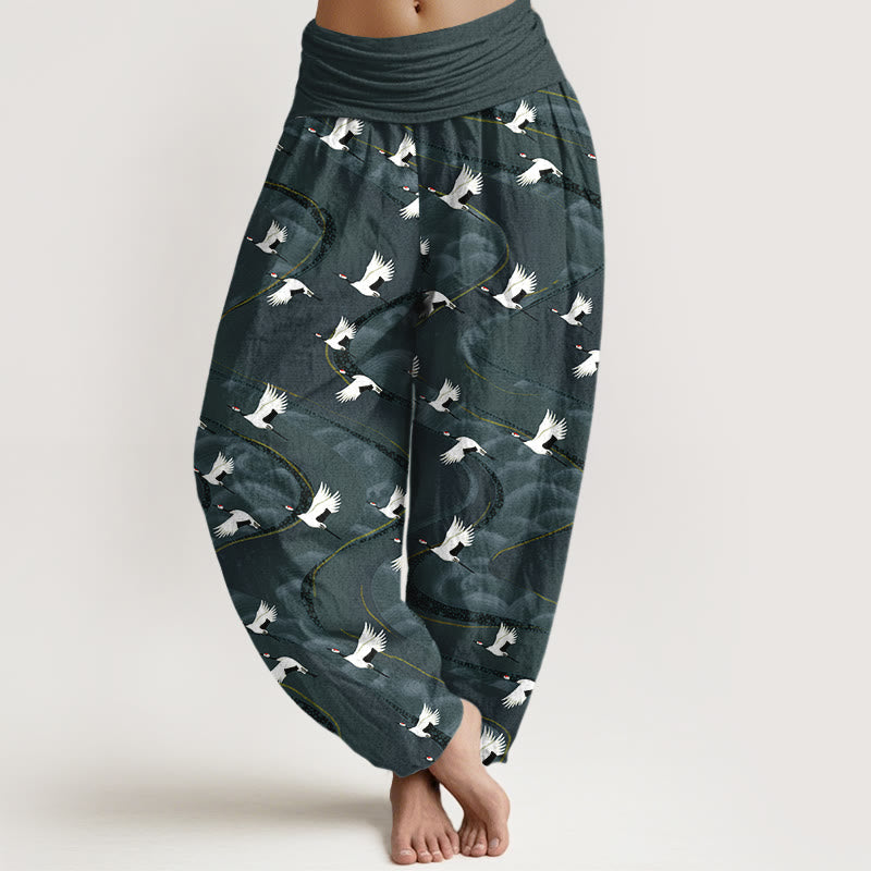 Buddha Stones Cotton Elegant Cranes Winding Lines Pattern Women's Elastic Waist Harem Pants - Teal - US16，UK/AU20，EU48 (3XL) - image 0