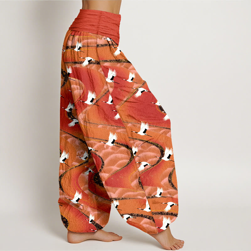 Buddha Stones Cotton Elegant Cranes Winding Lines Pattern Women's Elastic Waist Harem Pants - image 7