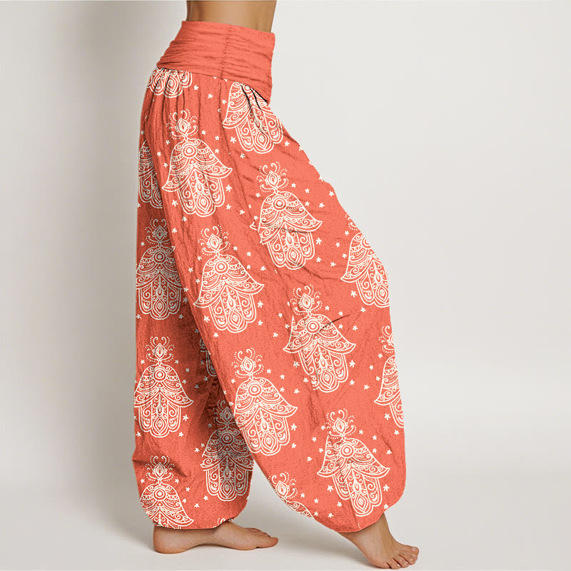 Buddha Stones Cotton Neatly Arranged Hamsa's Hand Pattern Women's Elastic Waist Harem Pants - image 10