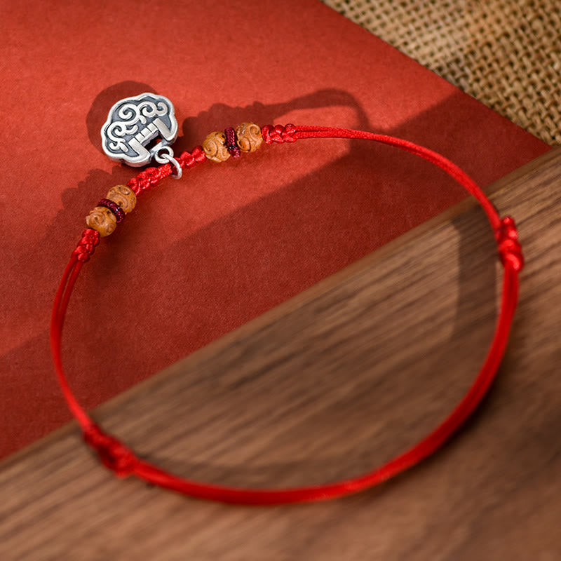 Buddha Stones Silver Longevity Lock Red String Peach Wood Bead Protection Adjustable Cats Small Dogs Pet Collar - image 1