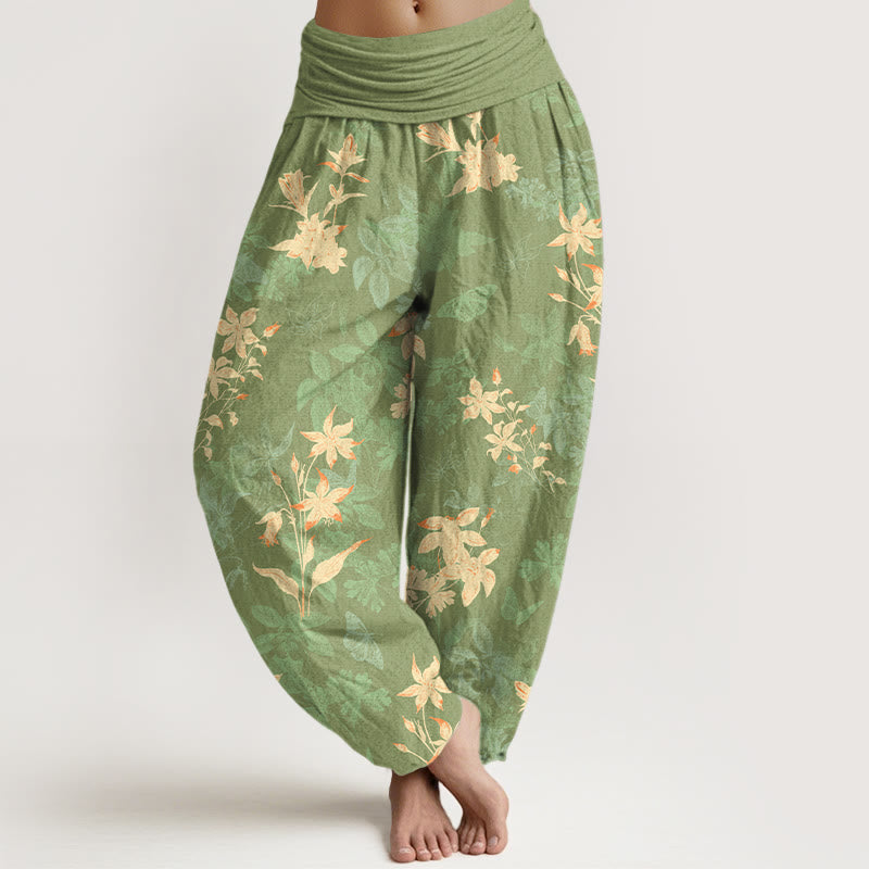 Buddha Stones Cotton Fresh Refined Flower Leaf Pattern Women's Elastic Waist Harem Pants - YellowGreen - US16，UK/AU20，EU48 (3XL) - image 8