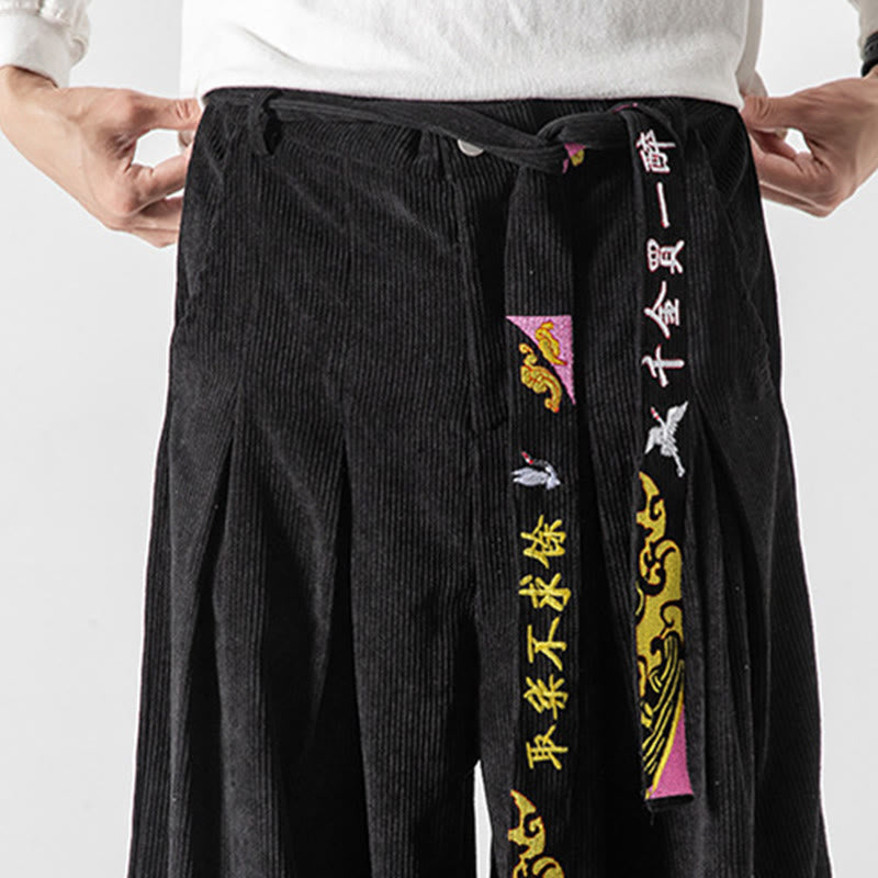 Buddha Stones Fall Winter Lace-up Chinese Character Embroidery Men's Corduroy Pants With Pockets - image 1