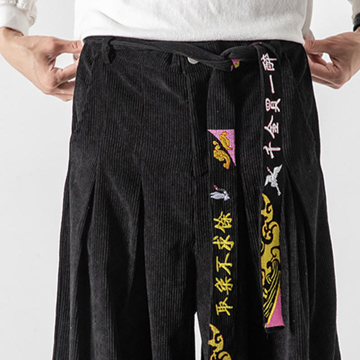 Buddha Stones Fall Winter Lace-up Chinese Character Embroidery Men's Corduroy Pants With Pockets - image 1