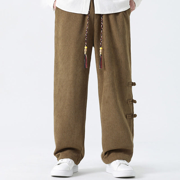 Buddha Stones Fall Solid Frog-Button Men's Drawstring Corduroy Straight Leg Pants With Pockets - Tan - US/UK/AU46，EU56 (5XL) - image 0