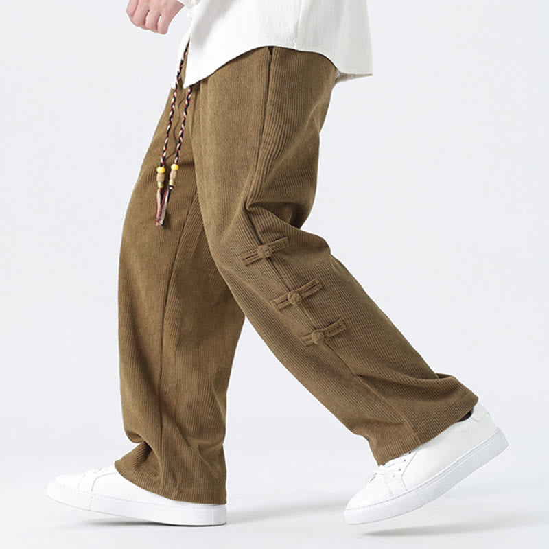 Buddha Stones Fall Solid Frog-Button Men's Drawstring Corduroy Straight Leg Pants With Pockets - image 4