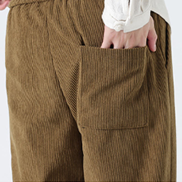 Buddha Stones Fall Solid Frog-Button Men's Drawstring Corduroy Straight Leg Pants With Pockets - image 9