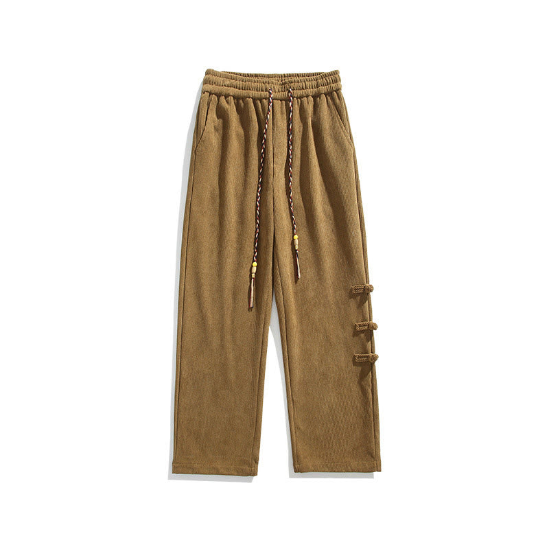 Buddha Stones Fall Solid Frog-Button Men's Drawstring Corduroy Straight Leg Pants With Pockets - image 11