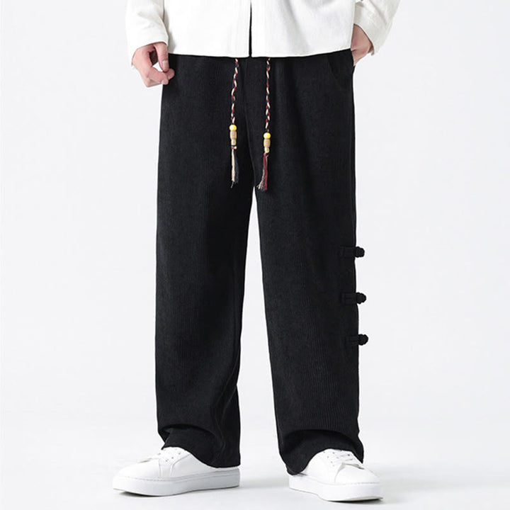 Buddha Stones Fall Solid Frog-Button Men's Drawstring Corduroy Straight Leg Pants With Pockets - image 21