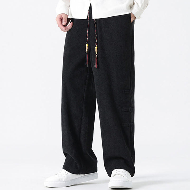 Buddha Stones Fall Solid Frog-Button Men's Drawstring Corduroy Straight Leg Pants With Pockets - image 20