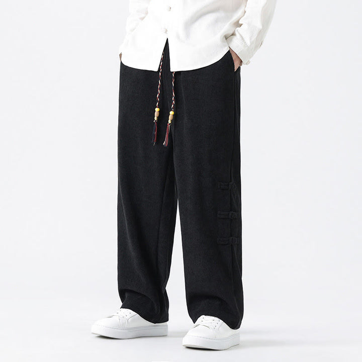 Buddha Stones Fall Solid Frog-Button Men's Drawstring Corduroy Straight Leg Pants With Pockets - image 22