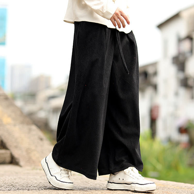 Buddha Stones Fall Solid Color Drawstring Design Men's Corduroy Wide Leg Pants With Pockets - image 9