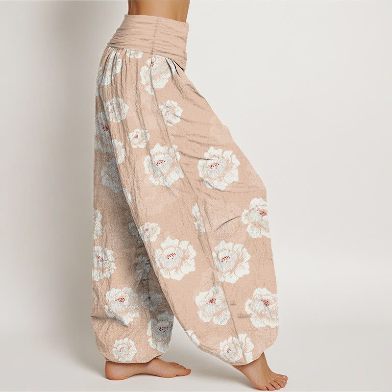 Buddha Stones Cotton Elegant White Flowers Pattern Women's Elastic Waist Harem Pants - image 2