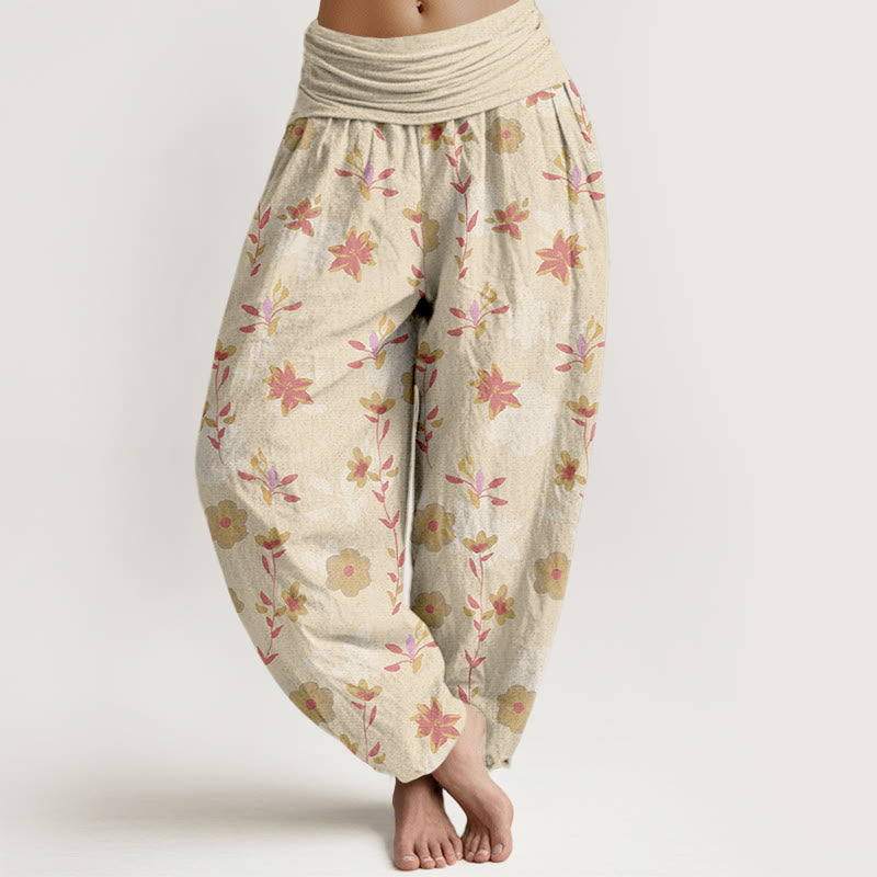 Buddha Stones Cotton Simple Refreshing Flower Leaf Pattern Women's Elastic Waist Harem Pants - LemonChiffon - US16，UK/AU20，EU48 (3XL) - image 0