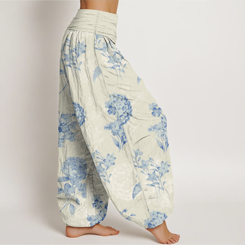 Buddha Stones Cotton Refresh Hydrangea Clustered Flowers Pattern Women's Elastic Waist Harem Pants - image 2