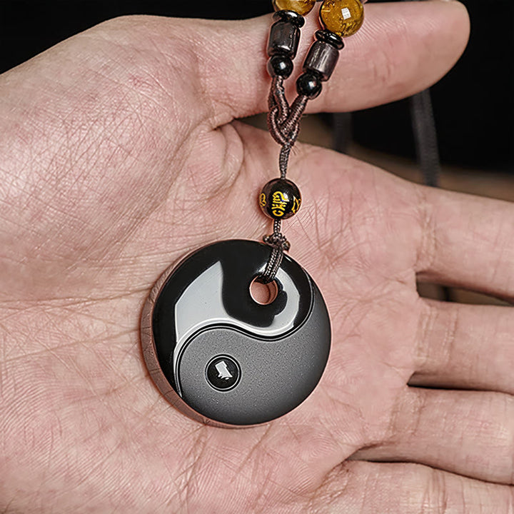 Buddha Stones Yin Yang Symbol Om Mani Padme Hum Black Obsidian Strength Necklace Pendant - image 5