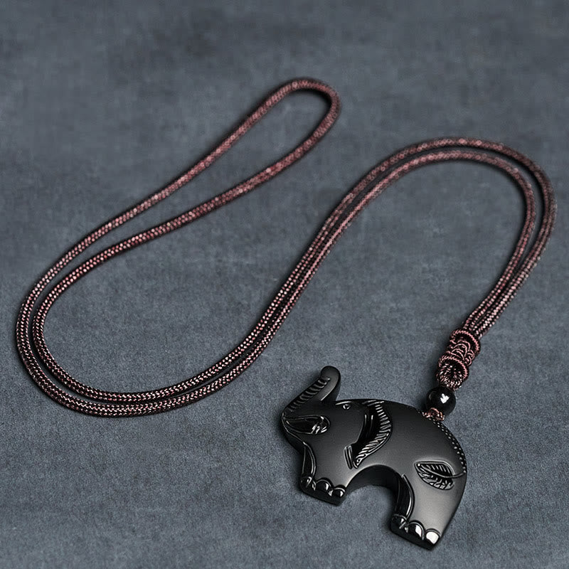 Buddha Stones Elephant Symbol Carved Design Black Obsidian Strength Necklace Pendant - image 8