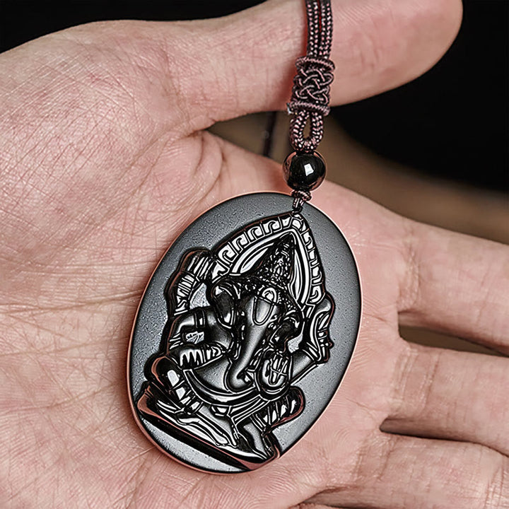 Buddha Stones Ganesh Elephant Relief Design Natural Black Obsidian Strength Necklace Pendant - image 7
