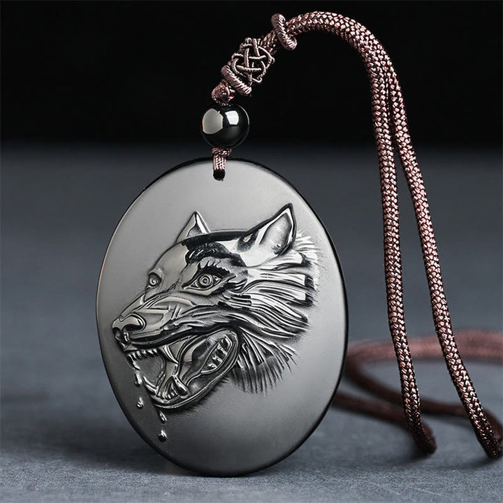 Buddha Stones Wolf Head Natural Black Obsidian Strength Necklace Pendant - Black Obsidian(Pendant Size: 52*41mm) - image 0